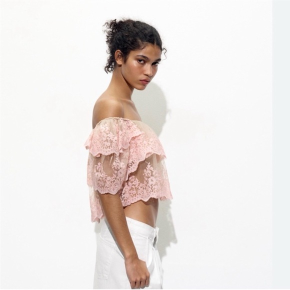 Zara Pink Lace Off-Shoulder Embroidered Crop Top - Picture 3 of 13